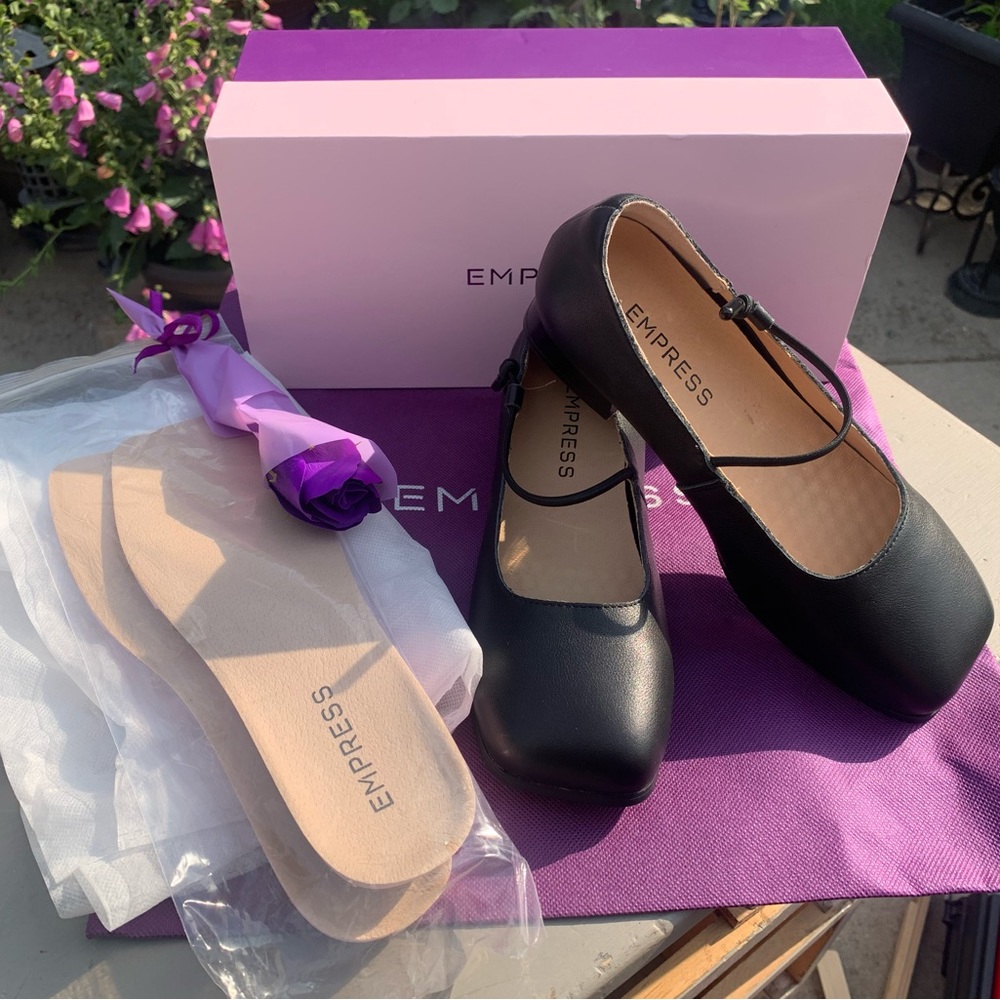 Empress Australia Square Toe Heel Leather Slip-on Shoes Size US 5 EU 36 Black